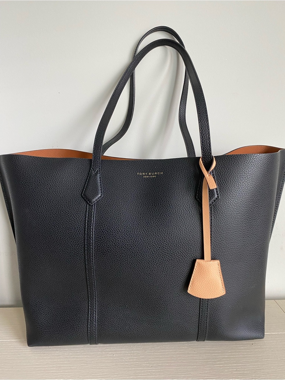 Tory Burch Perry Triple Compartment Tote Bag Black Pebbled Leather Tan Interior